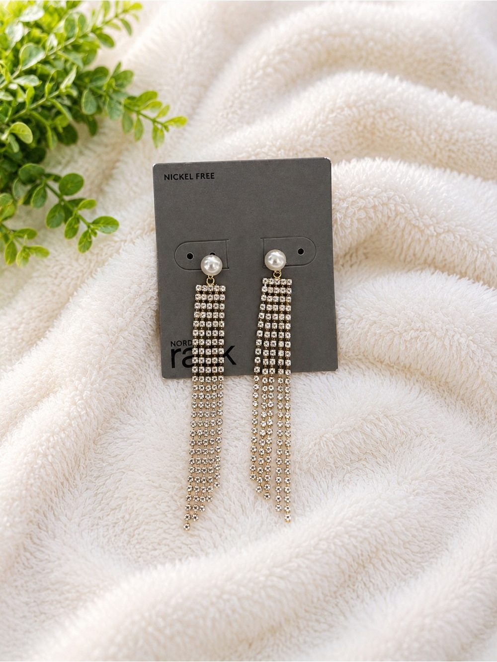 Gold Pearl-Top Rhinestone Fringe Drop Earrings